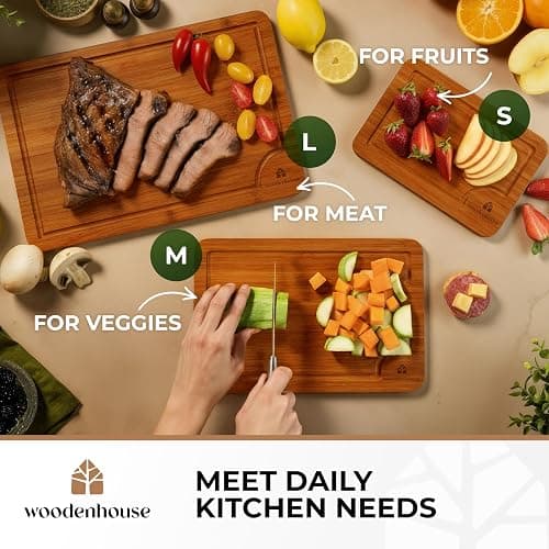 Bamboo Cutting Board Set of 3 with Holder – Durable Wooden Boards for Kitchen, Chopping & Serving – Eco-Friendly by Woodenhouse thumbnail 4