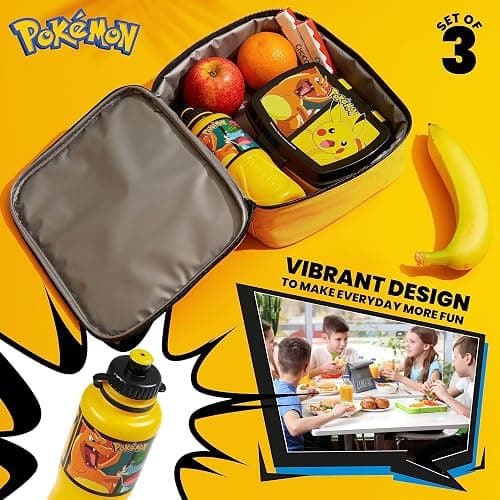 Pokemon Insulated Lunch Bag with Lunch Box Water Bottle Set for Kids 3 Piece School Snack Bag Pikachu Gifts for Kids (Yellow) thumbnail 6