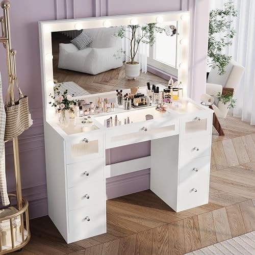 IFSEB Makeup Vanity Desk with Lights and Large 36.9’’ Mirror, 9 Drawers Light Up Vanity with 3 Color Hollywood Bulbs, Glass Top Make Up Table with Charging Station & Crystal Knobs for Woman, White thumbnail 6