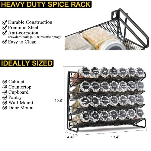 SpaceAid Spice Rack Organizer with 28 Spice Jars, 386 Spice Labels, Chalk Marker and Funnel Set for Cabinet, Countertop, Pantry, Cupboard or Door & Wall Mount - 28 Jars, 13.4" W × 10.8" H, Black thumbnail 3