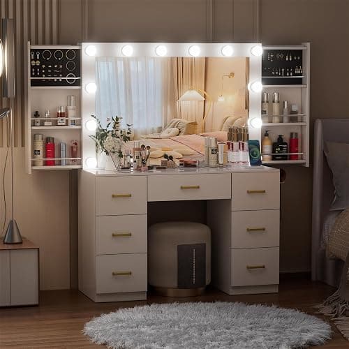FURNJOYLIFE White Makeup Vanity Desk with Lighted Mirror & Power Outlet,3 Color Modes, Brightness Adjustable,Vanity Table with Drawer,Sliding 2 Storage Wall-Mounted Jewelry thumbnail 7