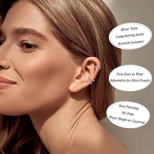 LOYALLOOK Ear Cuff Earrings for Women 14K Gold Plated Ear Cuffs Non Piercing Clip on Cartilage Earring Trendy Fake Earrings Hypoallergenic Huggie Hoop Clip Cuff Earring Lightweight - silver-simple A thumbnail 2