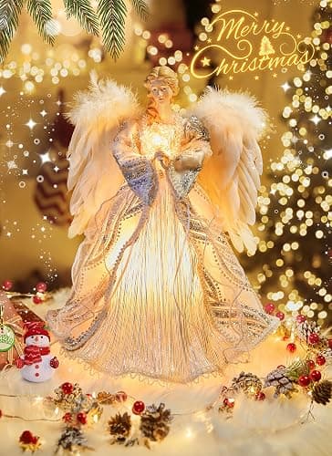 Christmas Tree Topper Angel with Lights, Xmas Tree Toppers Decorations Ornament with White Feather Wings, Plug in Christmas Tree Angel Treetop for Indoor Office Holiday，Silver thumbnail 3