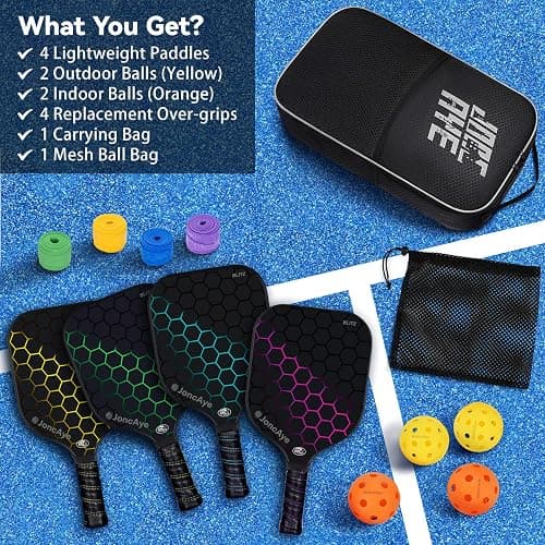 JoncAye Pickleball-Paddles-Set of 4 or 2 Rackets with Balls and Bag, USAPA Approved Pickle-Ball Equipment with Accessories, Fiberglass Graphite Pickleball Racquet Set for Men, Women, Kids, Adults - BLITZ 4-PK thumbnail 7