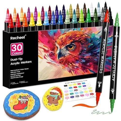 Recheel 30 Colors Acrylic Paint Markers, Dual Tip Fine and Brush Tips for Detailed Art, Crafting, Rock Painting, Wood, Glass, Ceramic, and More - Image 1
