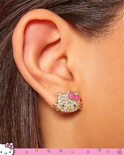 Pave Crystal Hello Kitty Earrings for Women Official License, Gold Tone and Enamel Dangle or Stud Earrings, Sanrio Jewelry thumbnail 3
