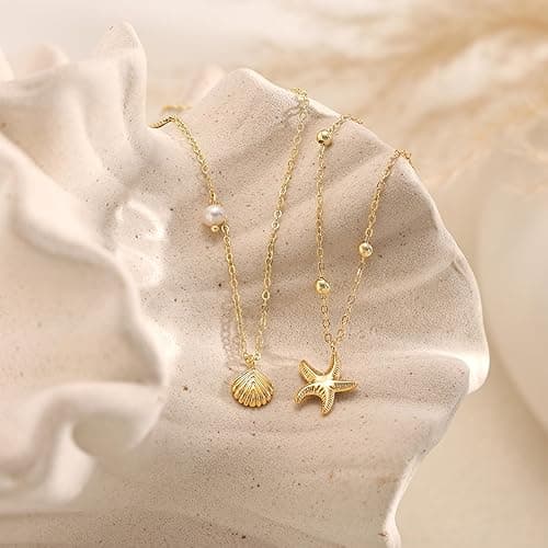 HABIKIP Shell Starfish Charm for Women, Dainty Layered 14K Gold Plated Seashell Conch Starfish Pearl Pendant Necklace for Women Stack Trendy Beach Cuban Link CZ Chain Necklace Summer Vacation Jewelry thumbnail 7