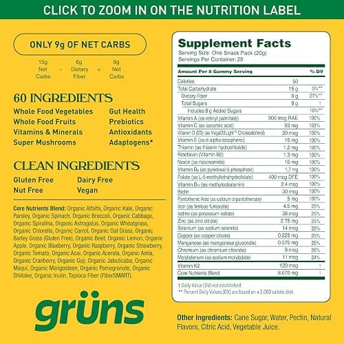 Gruns Adults Super Greens Multivitamin Gummies, Superfood Vitamin Gummy Bears with Spirulina, Chlorella, Prebiotic Fiber for Digestive Health, Adaptogens Supplement, 20 Vitamins & Minerals, 28 Count thumbnail 7