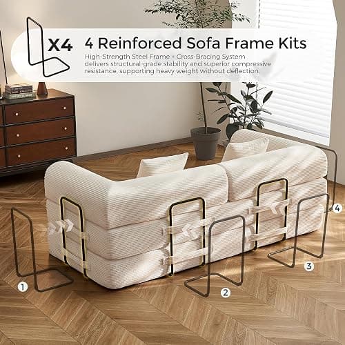 79" Convertible Sofa Bed with Fixed-Shape Frame & Removable Armrests, Modular Corduroy Sleeper Sofa, Folding Mattress Couch for Small Spaces - No Assembly Needed in White (Includes 2 Pillows) - White thumbnail 4