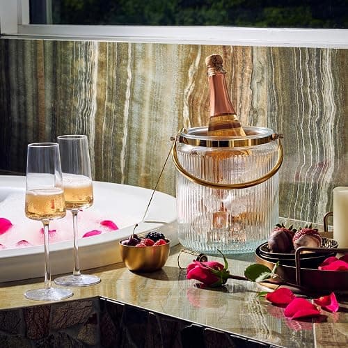 Glass Ice Bucket with Airtight Lid, Ice Tong Scooper and Handle - 3L Ribbed Beverage Tub Cocktail Home Bar Accessories, Wine, Beer - Chiller for Parties, Champagne Drink Tub Cooler with Hinged Handles thumbnail 5