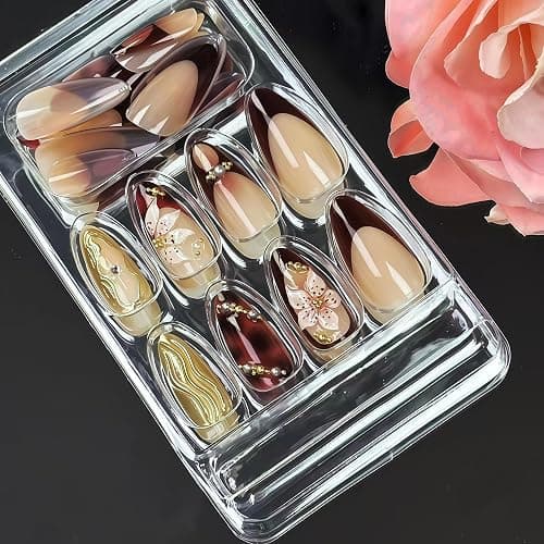 24Pcs Almond Press on Nails Medium Fake Nails with Brown Flower Designs French Nails 3D Gold Texture False Nails Star Press ons Pearl Jewelry Acrylic Nail Cute Stick on Nail for Women Manicure thumbnail 6
