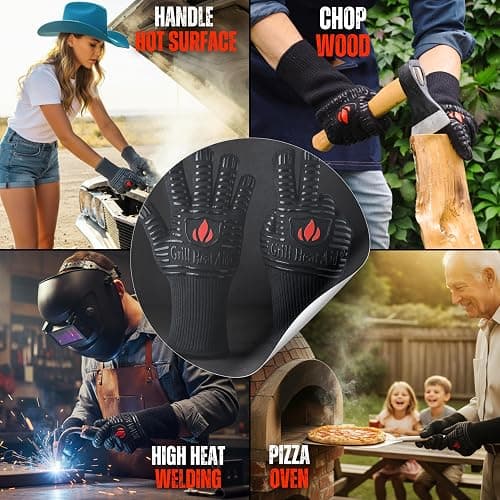 GRILL HEAT AID BBQ Grill Gloves 1472°F - Extreme Heat Resistant Oven Mitts for Grilling, Smoker & Fire Pit with Silicone Grip & EN407 Cut Resistance - Mid Cuff, Black thumbnail 6