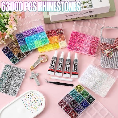 LERBOU 63000Pcs Bedazzling Kit with 7 Box – 59 Colors Rhinestones, 3mm Flatback Sparkling Gems with 4×10ml B7000 Jewelry Glue, Tweezers & Pickup Pen for Nail Art, Crafts, Clothing, Diamond Painting thumbnail 2