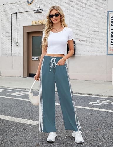 Hongsui Women's Wide Leg Pants Drawstring High Rise Side Striped Slouchy Palazzo Pants with Pockets thumbnail 2
