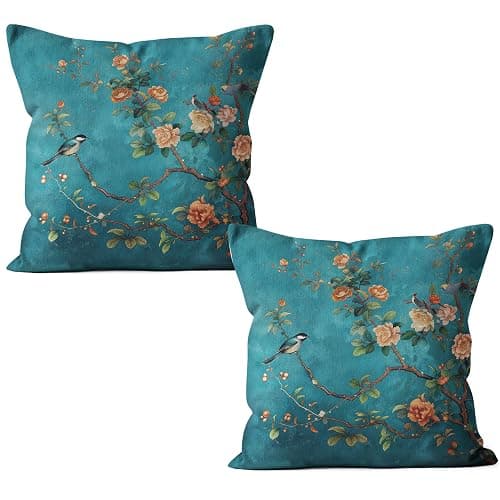 WDSFHYJK Teal Chinoiserie Floral Bird Pillow Covers 18x18 Set of 2, Cottagecore Room Decor, Rustic Farmhouse Flower Bird Decorative Throw Pillow Covers Pillowcases for Living Room Home Bedroom - Image 1