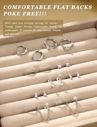 Dochais Hypoallergenic Flatback Stud Hoop 14K Gold Plated Earrings Stacks - Surgical Stainless Steel Earring Set Chain Cartilage Earrings - Small Ear Piercing Flat Back Earring for Women Trendy thumbnail 7