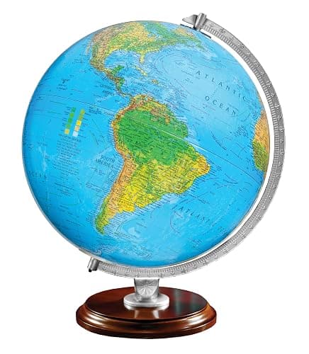 Standard Illuminated 12" Diameter Globe, USA Cartography with Walnut Finished Hardwood Base and Blue Ocean Globe Ball. A sleek walnut finished hardwood base and silver riser offer a perfect contrast to this beautiful geographic piece. When illuminated, this globe contains a vegetational map on the outside and political map on the inside that matches and shows through beautifully. - Image 1