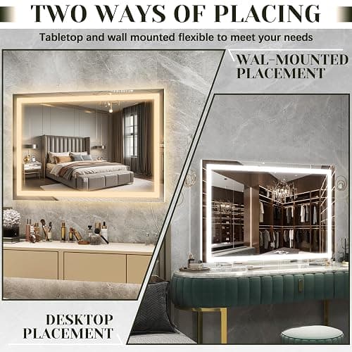 ROLOVE 32x22 Lighted Vanity Mirror, Wall-Mounted, Detachable 10X Magnifier | LED Makeup Mirror, 3 Color Modes, Stepless Dimming, Touch Control, Plug-In Design, Tabletop Use, Even Lighting thumbnail 6
