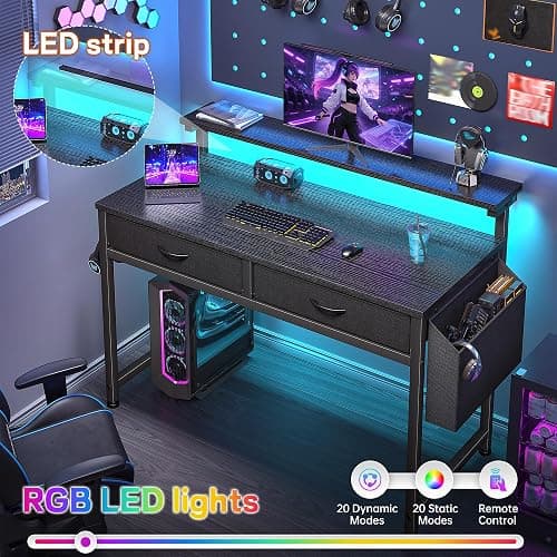 DurayLoly 31.5Inch Office Computer Desk with LED Lights & 2 Fabric Drawers, Gaming Desk with Side Pocket & Ergonomic Monitor Stand, Small Space Study Writing Table with Anti-Tip Design,Black thumbnail 5