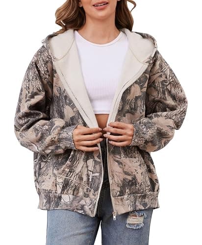 Eutten Womens Camo Zip Up Hoodie Long Sleeve Maple Leaf Print Oversized Hooded Jacket Fleece Full Zip Sweatshirt with Pockets - Image 1