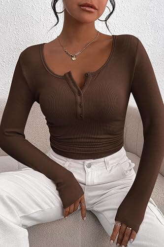 PRETTYGARDEN Women's 2025 Summer Fall Long Sleeve Henley T Shirts Button Ribbed Knit Slim Fit Casual Basic Tops Blouse thumbnail 8