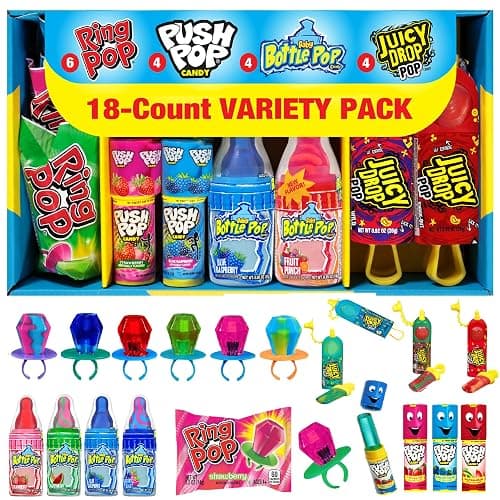Candy Variety Pack, 18 Count Assorted Lollipops, Bulk Candy Individually Wrapped Ring Pop, Push Pop, Baby Bottle Pop & Juicy Drop, Ideal for Birthdays, Party Favors for Kids & Gifts - Image 1