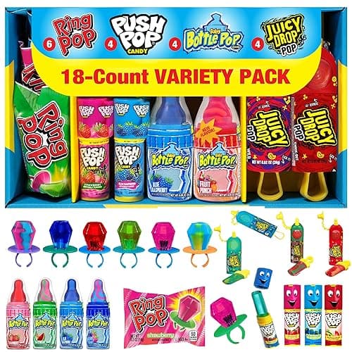 Candy Variety Pack, 18 Count Assorted Lollipops, Bulk Individually Wrapped Ring Pop, Push Pop, Baby Bottle Pop & Juicy Drop, Ideal for Birthdays, Party Favors for Kids & Hard Candy Gifts - 18 Count