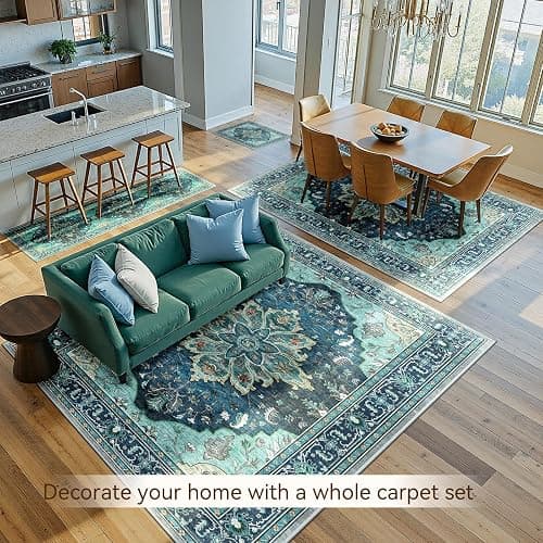 RELEANY Area Rugs 8'x10' Washable Non-Slip, Floral Vintage Distress Print Pattern Medallion Carpet for Living Room Bedroom Dining Room, Teal Green Lake Blue Turquoise thumbnail 4