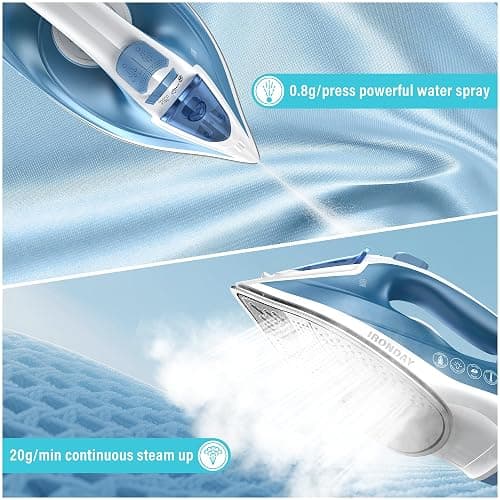 IRONDAY Steam Iron for Clothes Fast Heating, 1200W Iron with Non-Stick Ceramic Soleplate, Self-Cleaning, Burst of Steam, Spray Mist, 7.03oz Water Tank Ironing Clothes for Home, Blue thumbnail 5