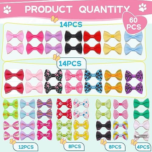 YAKA 60PCS (30 Paris) Cute Puppy Dog Small Bowknot Hair Bows with Metal Clips Handmade Hair Accessories Bow Pet Grooming Products (60 Pcs,Cute Patterns) thumbnail 4
