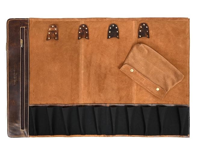 Aaron Leather Goods Vendimia Estilo Leather Knife Roll Storage Bag, Elastic and Expandable 10 Pockets, Adjustable/Detachable Shoulder Strap, Travel-Friendly Chef Knife Case Roll (Caramel, Leather) thumbnail 9