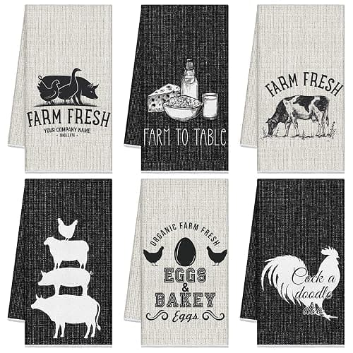 Redbaker 6 Pcs Farm Animal Kitchen Towels Farmhouse Funny Dish Towel Rustic Hand Towels Rooster Cow Pig Decorative Tea Dishcloth Absorbent with Hanging Loop for Kitchen Bathroom Housewarming Gift - Image 1