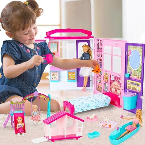 Style Shine Doll House Portable & Foldable Dollhouse w/ 60+ Pcs & 2 Dolls, Play House Toy with Bedroom Bathroom Kitchen Furniture Playset, Playhouse Gift for Girl Kid Toddler thumbnail 2
