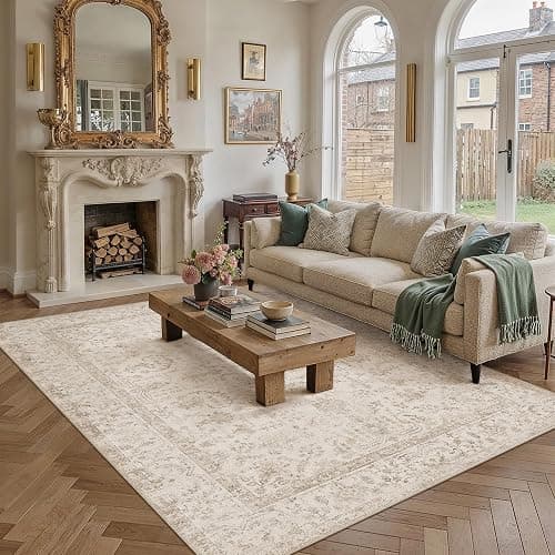 WondRg 8x10 Beige Neutral Living Room Area Rug | Washable, Low Pile, Accent, Vintage, Soft, Non Slip, Carpet for Bedroom Dining Room Nursery Office Indoor Home Decor thumbnail 3