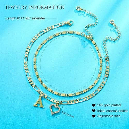Wremily Initial Ankle Bracelets for Women Waterproof 14K Gold Plated Dainty Layered Figaro Chain Letter Initial CZ Heart Ankle Bracelets Set Summer Beach Jewelry for Women thumbnail 6