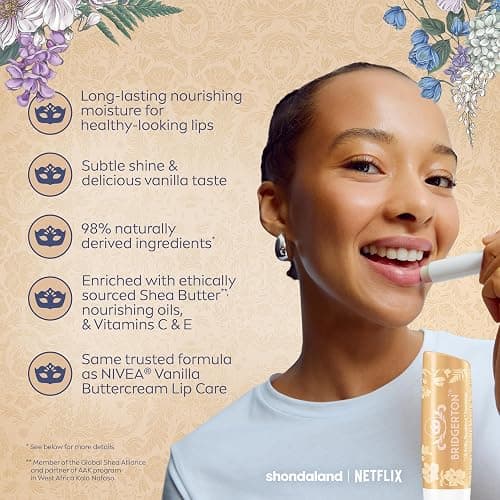 NIVEA Lip Care, Bridgerton Limited Edition Moisturizing Lip Balms with Shea Butter, Blackberry Pie, Peach Tea, Rose Meringue, and Vanilla Biscuit, Four 0.17 Oz Sticks thumbnail 7