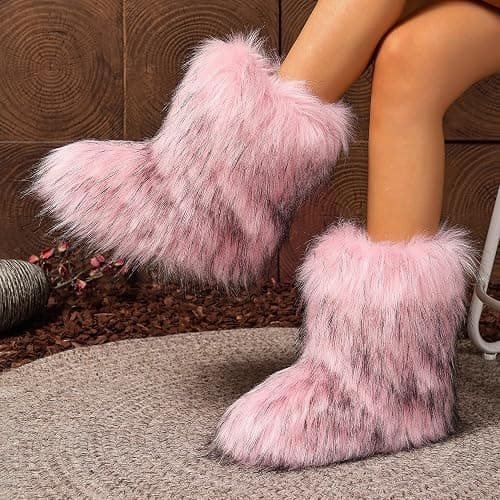 CryoSnowVale Women Faux Fur Furry Boot Fluffy Mid Calf Snow Boots Round Toe Suede Comfy Warm Flat Shoes Winter For Girl thumbnail 4