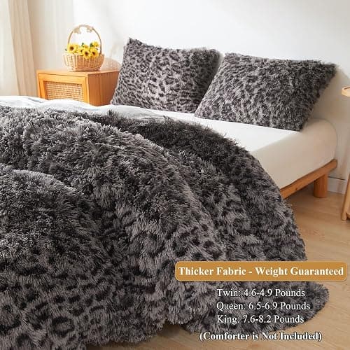 XeGe Cheetah Print Fluffy Faux Fur Duvet Cover Set, 3 Pieces Soft Plush Shaggy Fuzzy Bedding Set(1 Faux Fur Leopard Print Comforter Cover + 2 Furry Pillowcases), Zipper Closure(Queen, Light Grey) thumbnail 3