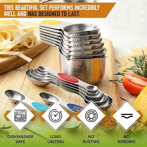 Spring Chef Magnetic Measuring Cups & Spoons Set, Patented, Strong N45 Magnets, Heavy Duty Stainless Steel Fits in Spice Jars for Baking & Cooking, BPA Free, Set of 15 with Leveler, Multicolor thumbnail 3