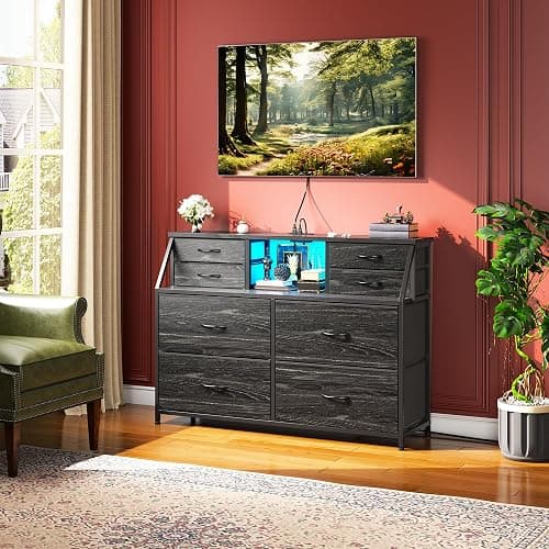 Romorgniz Dresser for Bedroom with Charging Station and LED, Sturdy Chest of Drawers with 8 Drawers and Two Open Shelves for Storage,Bedroom, Living Room,Hallway (Black) - Black thumbnail 8