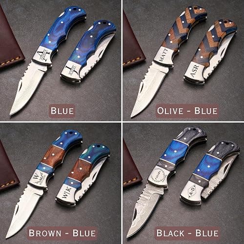 Personalized Folding Knife - Damascus Olive-Brown Pocket Knife, Custom Gift for Husband, Boyfriend, Dad, Son, Groomsmen, Perfect for Birthday, Anniversary, Father’s Day, Christmas Gift thumbnail 4