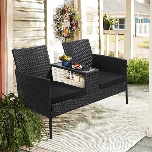 Kromax Wicker 2 Seat Patio Conversation Set, Outdoor Rattan Loveseat with Table, Washable Cushion Covers, Backyard, Garden, Lawn, Black Rattan with Black Cushion - Black Rattan With Black Cushion thumbnail 2