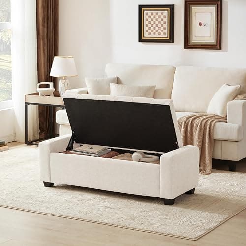 Huatean Home 48" Ottoman with Storage, Storage Ottoman Bench with Safety Hinge, Upholstered Entryway Bench with Seating for Bedroom, Living Room, Holds up to 330 lb, Beige thumbnail 3