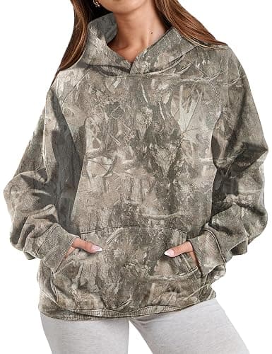 Eutten Womens Camo Hoodies Maple Leaf Print Oversized Hooded Sweatshirt Fleece Pullover Sweatshirts Long Sleeve with Pocket - Image 1