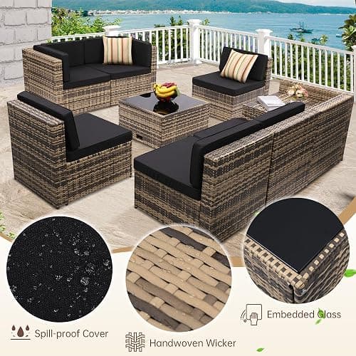 KROFEM 8-Piece Patio Furniture Set, Outdoor Wicker Rattan Sectional with Thick Cushions, Glass Top Table with Hidden Storage, Outdoor Conversation Set for Backyard, Porch, Patio, Black thumbnail 6