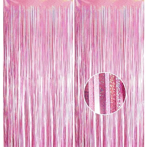 YAAVAAW 2pcs 3.2 x 8.3ft Glitter Pink Tinsel Curtain Foil Fringe Curtain Backdrop Party Streamers Curtain Photo Backdrop Decorations for Birthday School Graduation Hen Girls Party Decorations Pink - Image 1