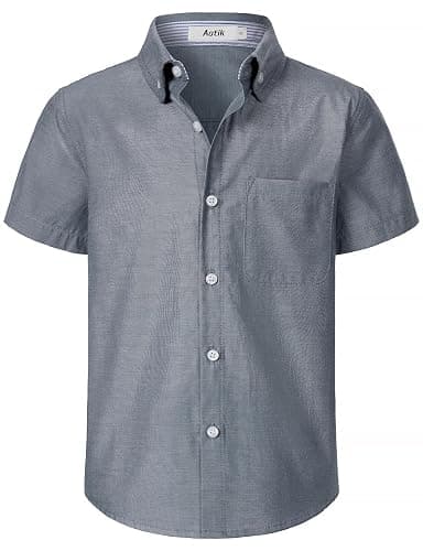 AOTIK Boys Oxford Button Down Shirt Short Sleeve Formal Uniform Dress Shirts with Pocket - Image 1
