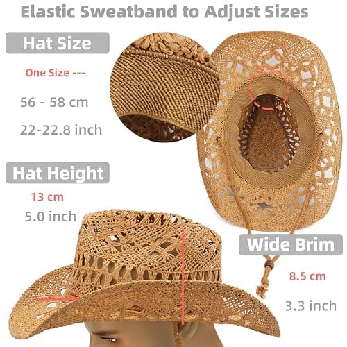 Melesh Straw Cowboy Hat for Women and Men with Shapeable Wide Brim Sun Beach Western Cowgirl Hat thumbnail 4