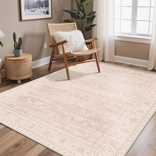 BESBLEE 5x7 Area Rugs for Living Room, Machine Washable Rug, Non Slip Vintage Rugs, Low Pile Lightweight Print Rug for Bedroom, Dining Room, Home Office, Pink - Image 1