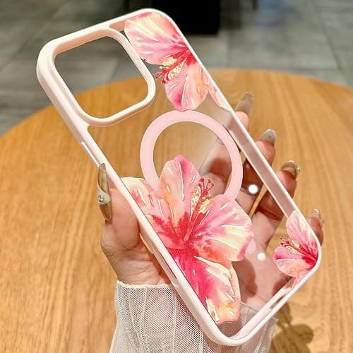 HYUEKOKO Magnetic for iPhone 13 Case & iPhone 14 Case [Compatible with MagSafe] Cute Trendy Hibiscus Flower Pattern Design for Summer Hawaiian, Shockproof Protective Cover for Girls Women-Pink - Image 1